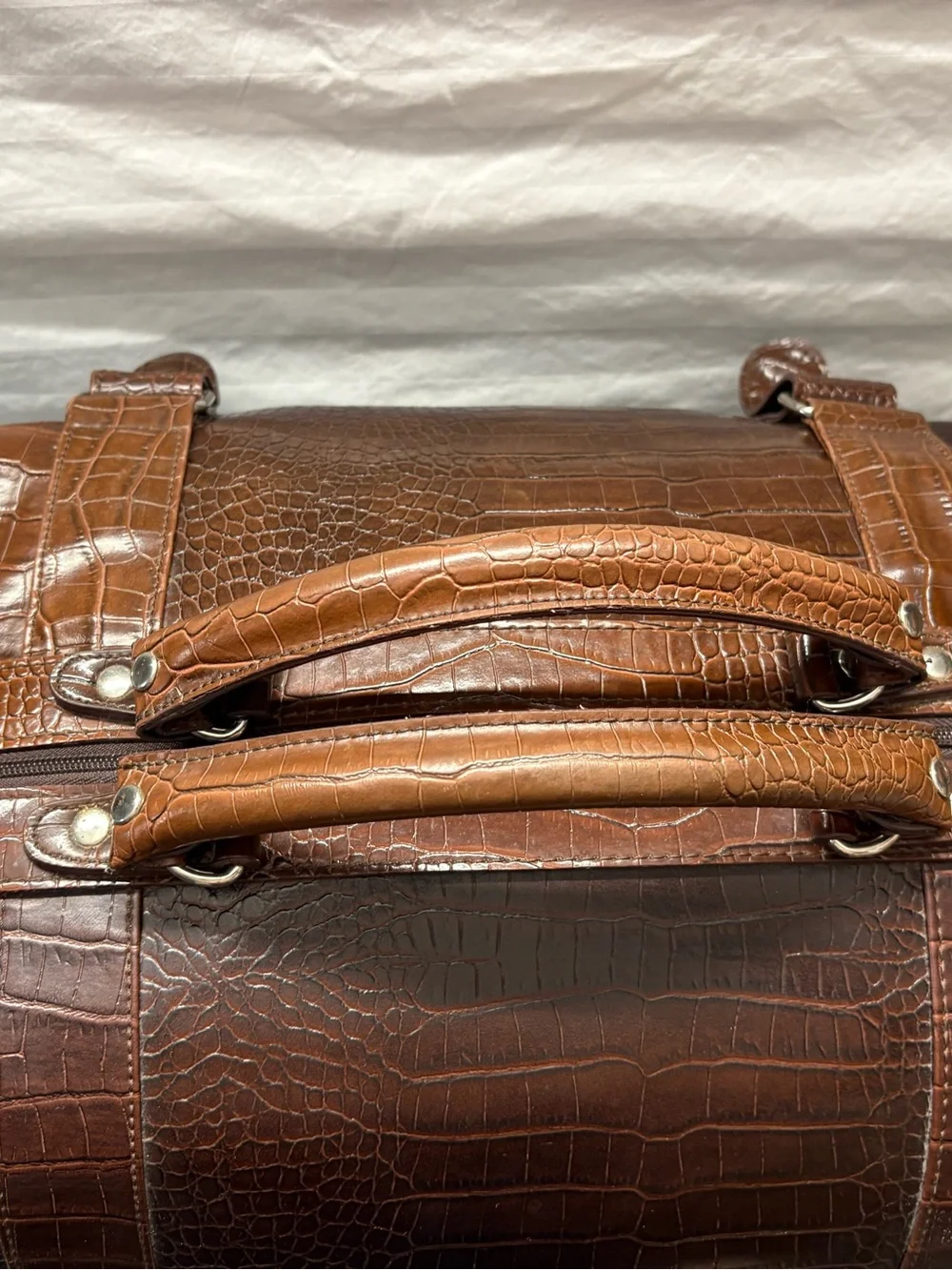 Classic Brown Croc-Embossed Leather Duffel Bag